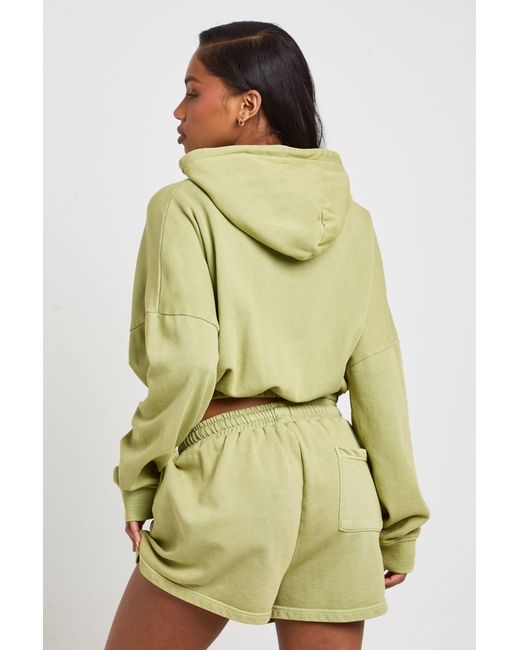 Boohoo Green Washed Loopback Elasticated Hem Zip Through Hoodie