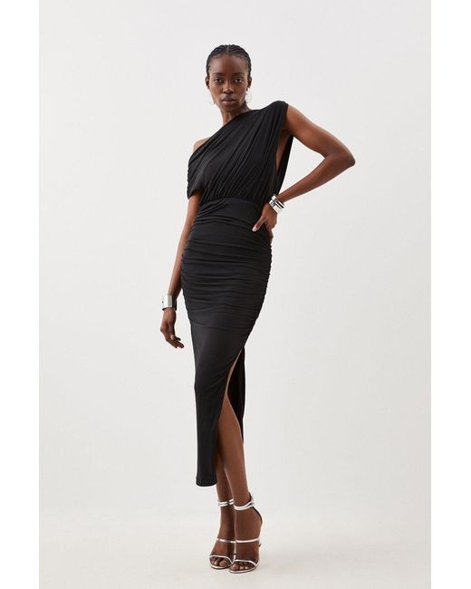 Karen Millen Black Jersey Crepe Asymmetric Neckline Maxi Dress