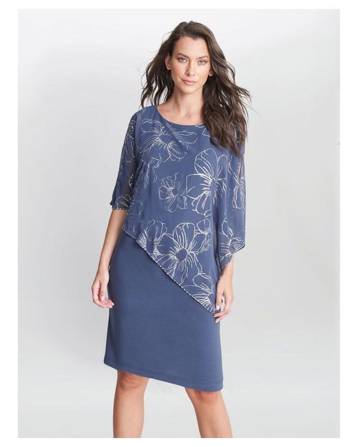 Gina Bacconi Blue Fiona Floral Glittered Asymmetric Dress