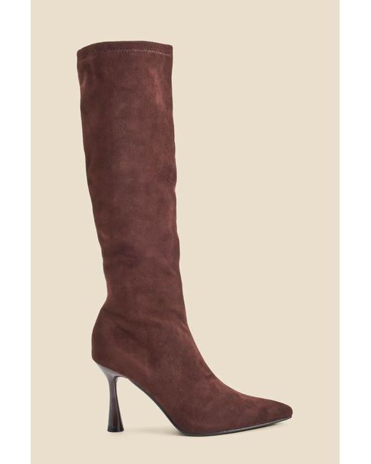 Sosandar Brown Dark Faux Suede Knee High Flared Heel Boots