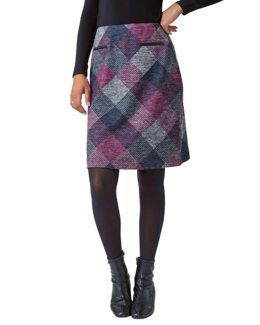 Roman Blue Check Print Pocket Stretch A Line Skirt