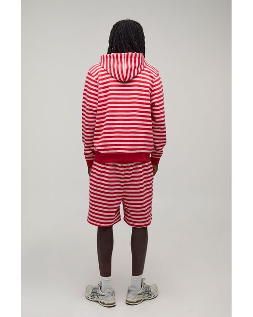 BoohooMAN Red Regular Fit Stripe Zip Through Hooded Short Tracksuit for men
