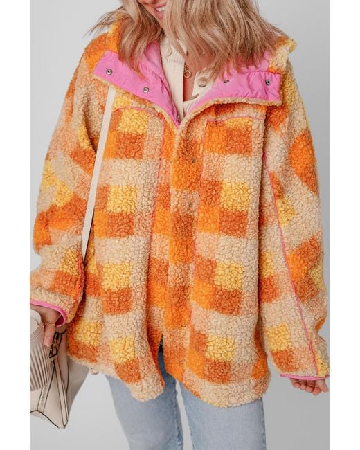 Azura Exchange Orange Sherpa Fleece Plaid Jacket