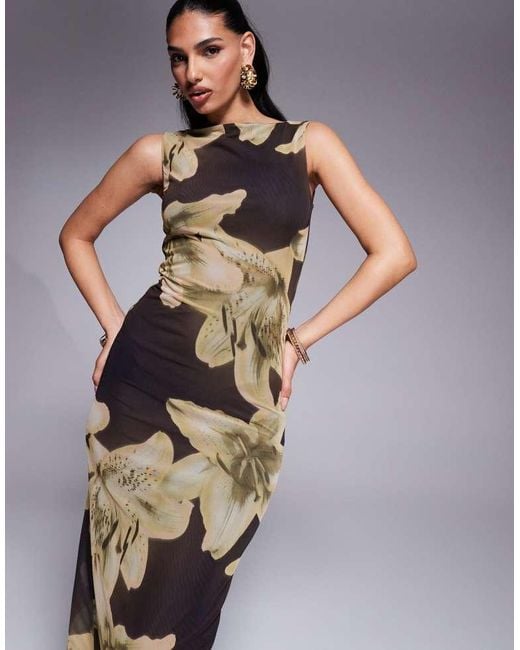 ASOS Brown Oversized Floral Printed Mesh Slash Neck Maxi Dress
