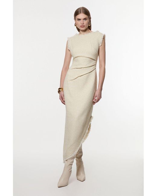 Karen Millen Natural Metallic Boucle Tailored Ruched Midi Dress