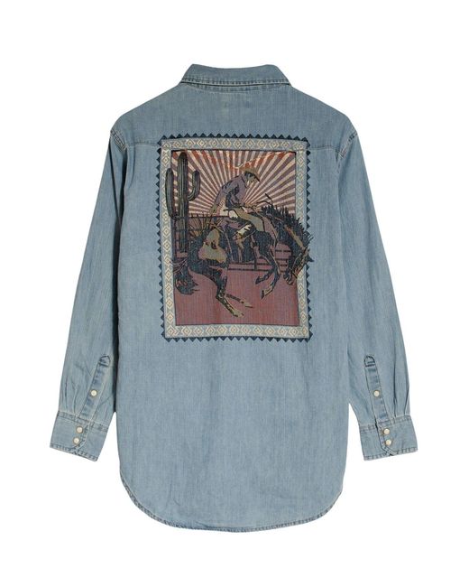 Wrangler Blue Western Denim Shirt Rodeo Poster Back for men