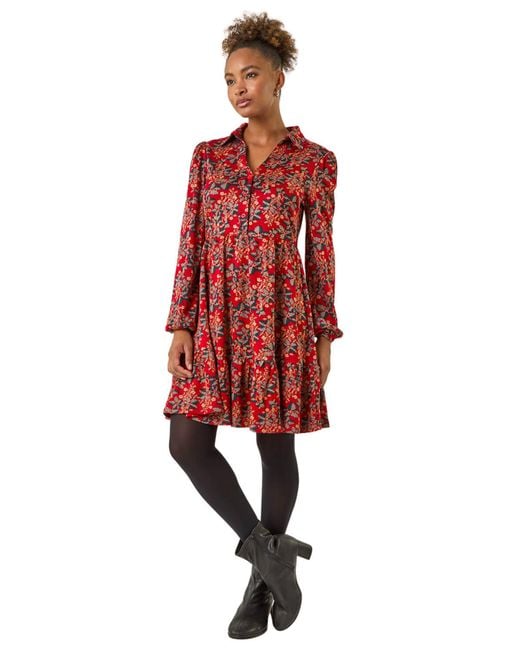 Roman Red Floral Print Button Stretch Dress