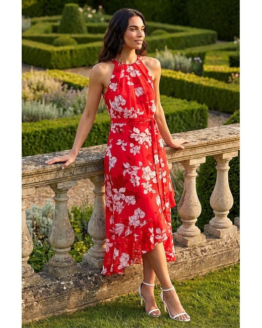 Roman Green Floral Print Frill Wrap Midi Dress