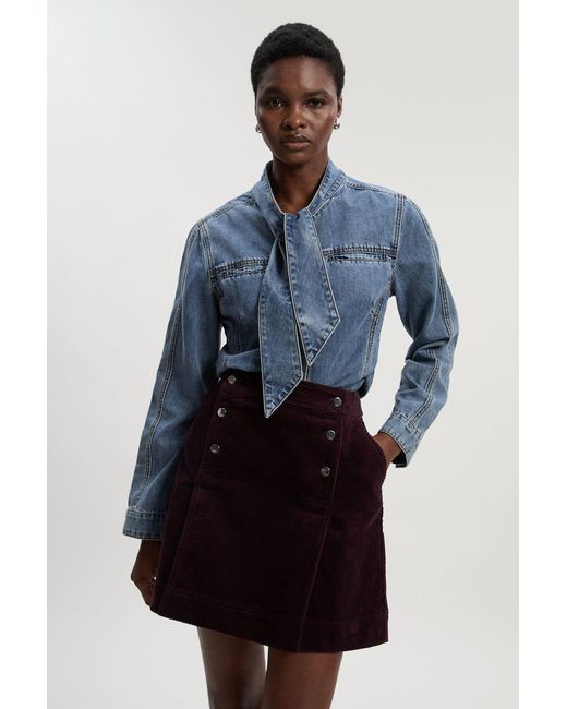 Karen Millen Blue Cord Button Pleat Detail Mini Skirt