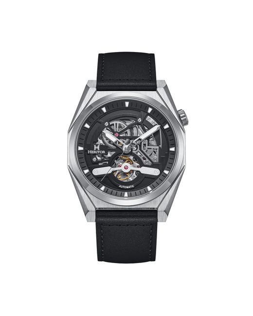 Heritor Metallic Amadeus Semi-Skeleton Leather-Band Watch for men