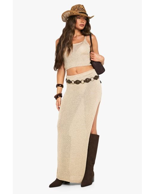 Boohoo Natural Sequin Knit Sheer Cami Top And Split Side Maxi Skirt