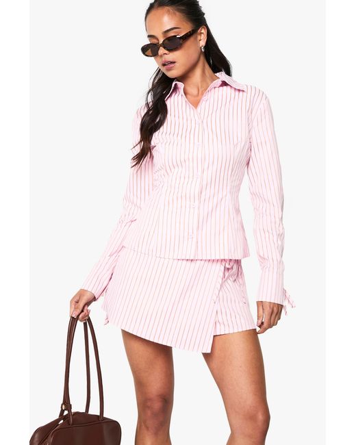 Boohoo Pink Stripe Poplin Wrap Skort