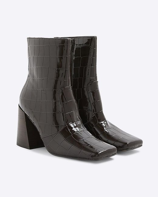 River Island Black Boots Croc Texture Flared Block Heel Pu