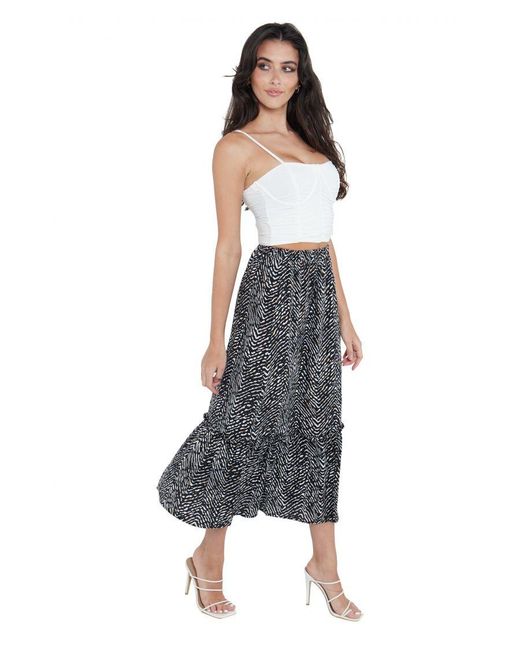 Gini London Black Animal Print Tier Hem Midi Skirt