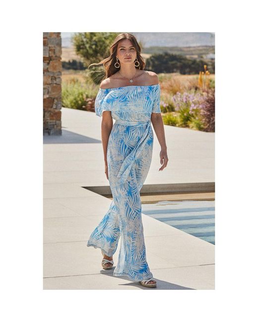 Sosandar Blue Sky Palm Print Bardot Jumpsuit