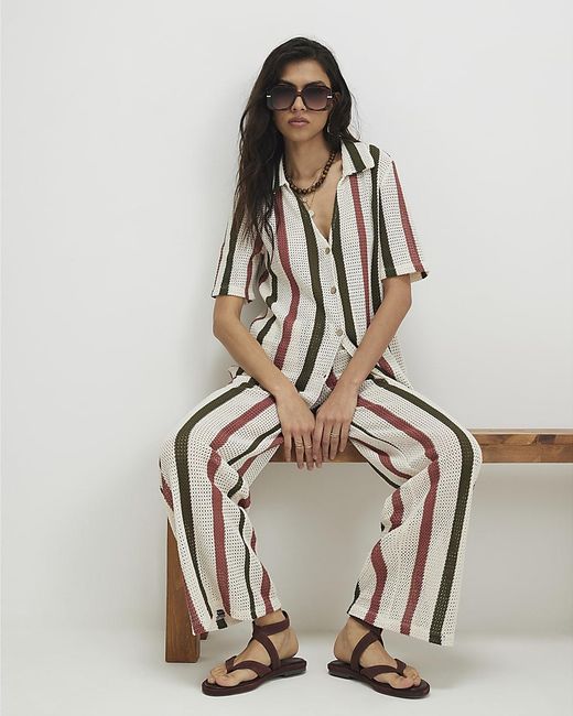 River Island White Trousers Crochet Stripe Cotton