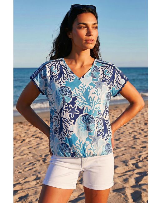 Roman Blue Marine Print Ric Rac Trim Top