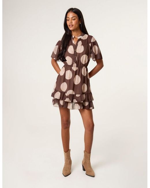 Blue Vanilla Brown Polka Dot Button Up Double Frill Short Sleeve Dress