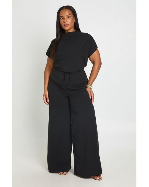 Boohoo Black Plus Crepe Grown On Neck Drawstring Waistband Wide Leg Jumpsuit