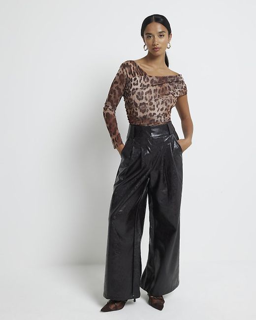 River Island Brown Petite Mesh Leopard Asymmetric Bodysuit
