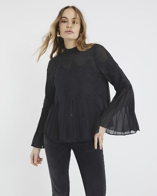 River Island Blue Blouse Lace Applique Pleated