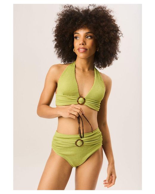 Gini London Green Textured High Waisted Bottoms With Ring Belt Detail
