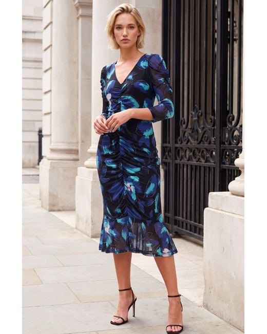 Roman Blue Ruched Floral Frill Dress