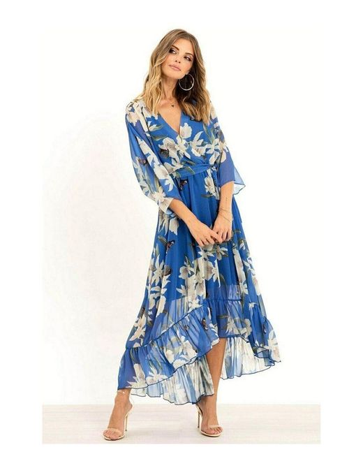 Yumi' Blue Floral Print Kimono Midi Wrap Dress