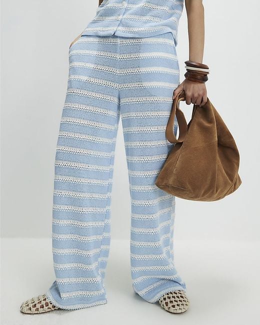 River Island Blue Wide Leg Trousers Striped Crochet