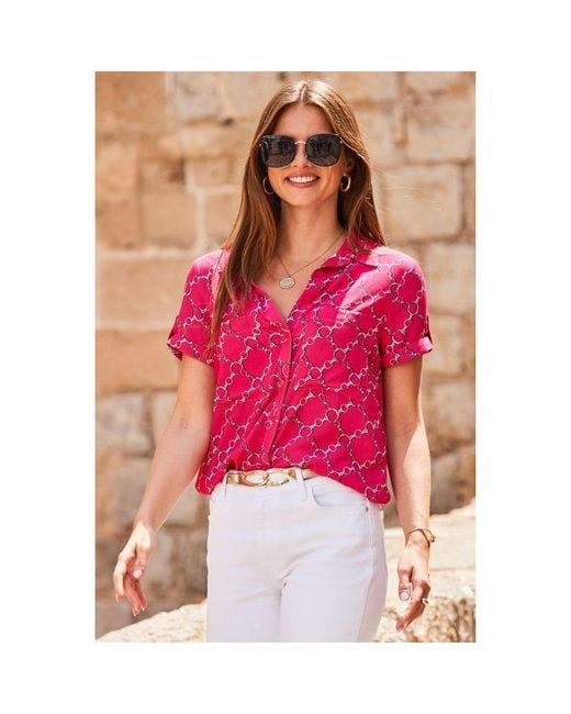 Sosandar Pink Chain Print Short Sleeve Shirt Viscose