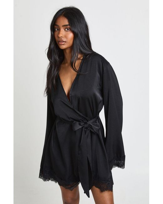 Boohoo Blue Bridal Lace Detail Satin Mini Robe