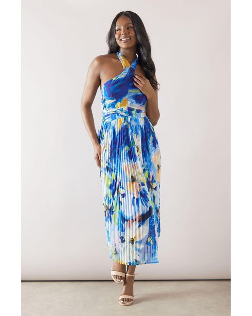 Wallis Blue Floral Halterneck Pleated Midi Dress