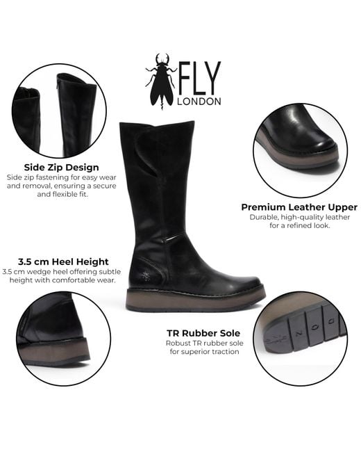 Fly London Black Leather High Pull On Long Boots