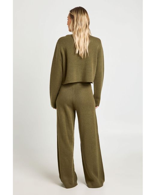 Boohoo Green Petite Pocket Detail Crew Neck Knitted Cardigan And Wide Leg Trouser