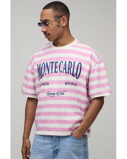 BoohooMAN Pink Oversized Boxy Stripe Monte Carlo Print T-Shirt for men