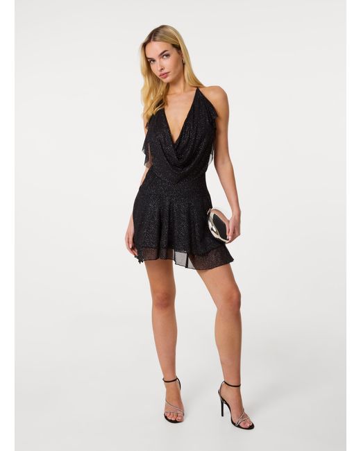 Pink Vanilla Black Glitter Mesh Cowl Tier Dress