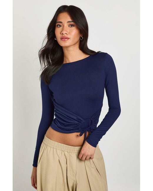Boohoo Blue Long Sleeve Ruched Tie Belt Detail Top