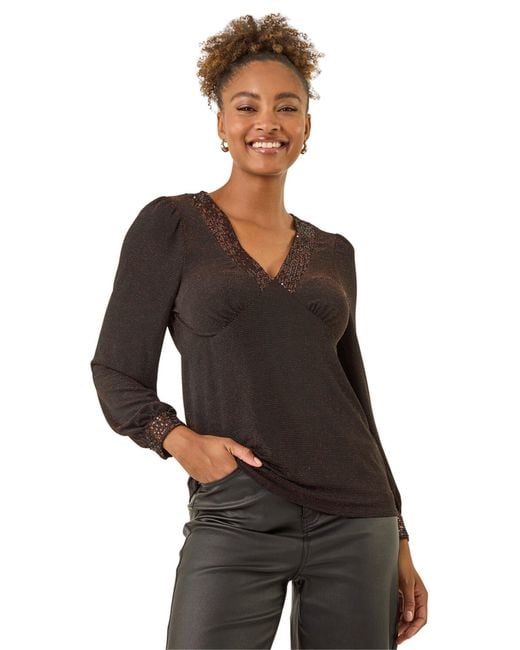 Roman Black Brillo Sequin V-Neck Top