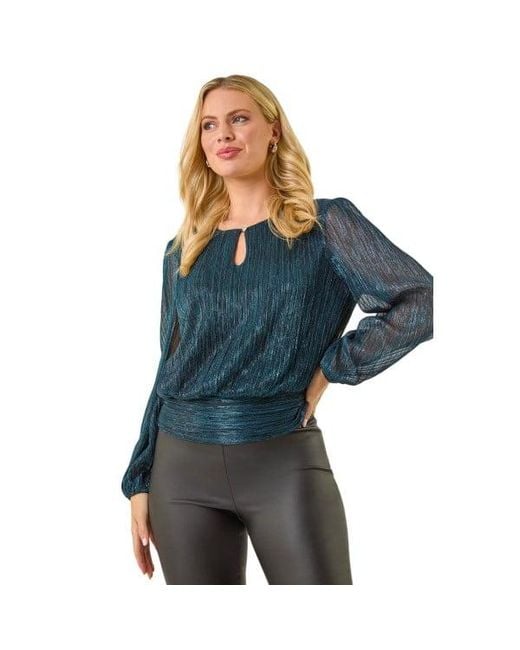 Roman Blue Petite Crinkle Keyhole Shimmer Top