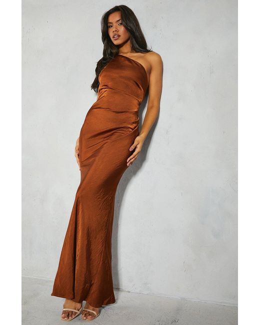 MissPap Brown Satin Asymmetric Strap Pleated Waist Low Back Maxi Dress