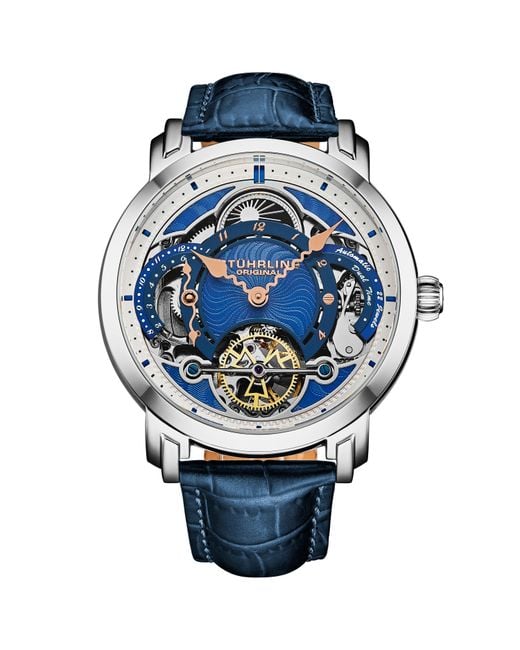 Stuhrling Blue Celestial Timekeeper 1017 Dual Time Automatic Skeleton Watch for men