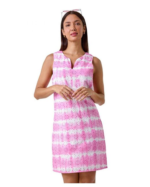 Roman Pink Embroidered Cotton Tie Dye Shift Dress