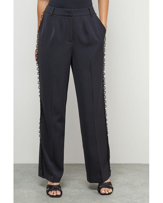 Warehouse Blue Lace Frill Trim Wide Leg Trouser
