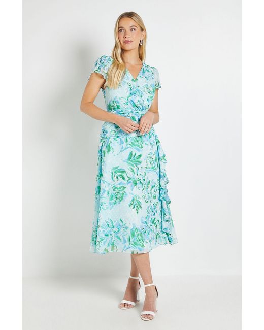 Wallis Blue Petite Floral Dobby Ruffle Midi Dress