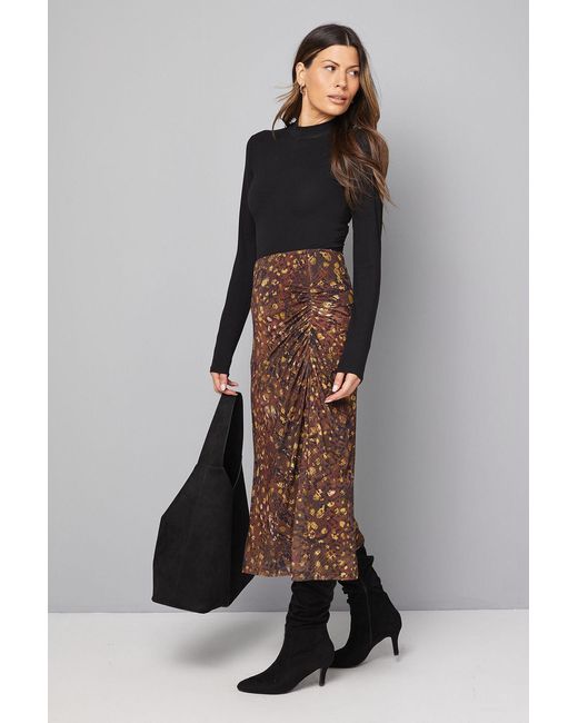 Wallis Gray Animal Print Mesh Ruched Midi Skirt