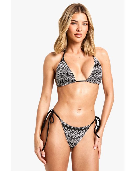 Boohoo Black Knitted Zig Zag Triangle Bikini Top