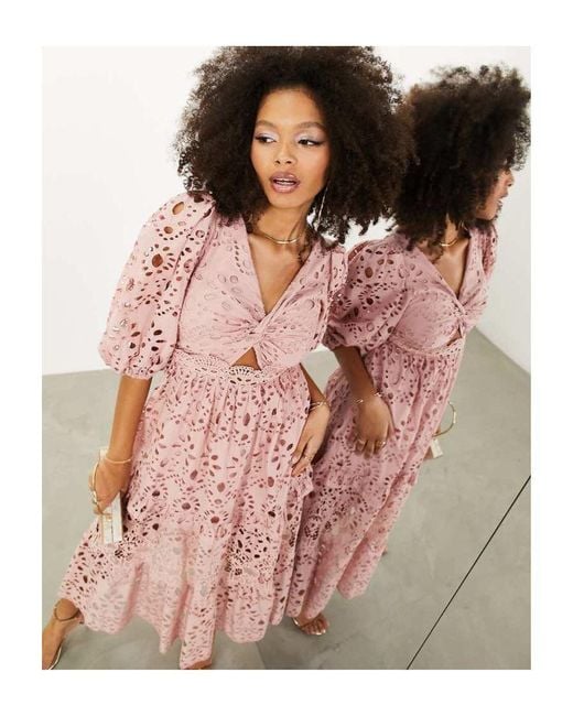 ASOS Pink Broderie Twist Front Midi Dress With Puff Sleeve