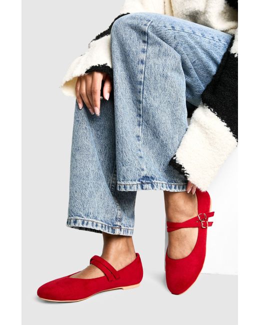 Boohoo Blue Wide Fit Faux Suede Mary Jane Ballets