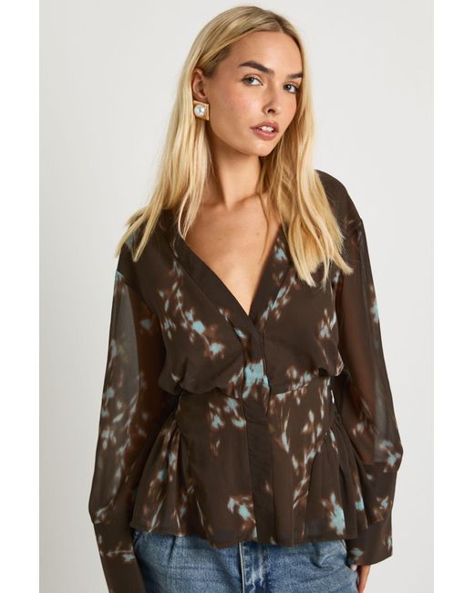 Boohoo Black Ruched Waist Floral Blouse