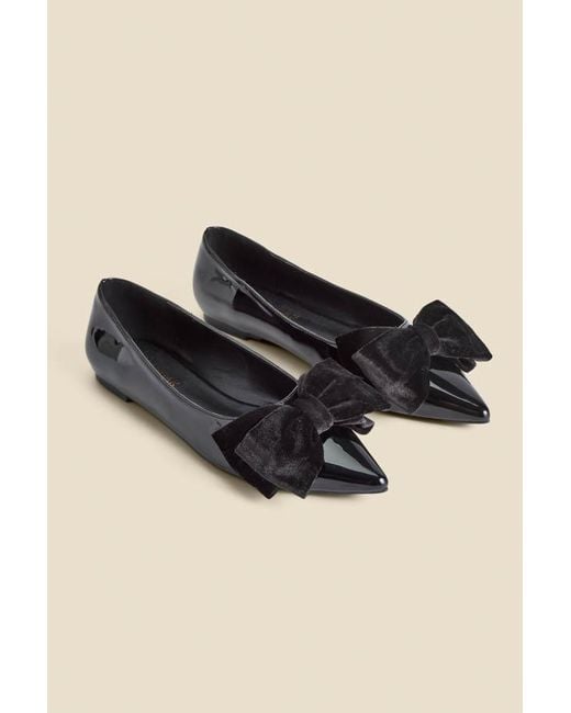 Sosandar Black Patent Ballet Pumps With Velvet Bow